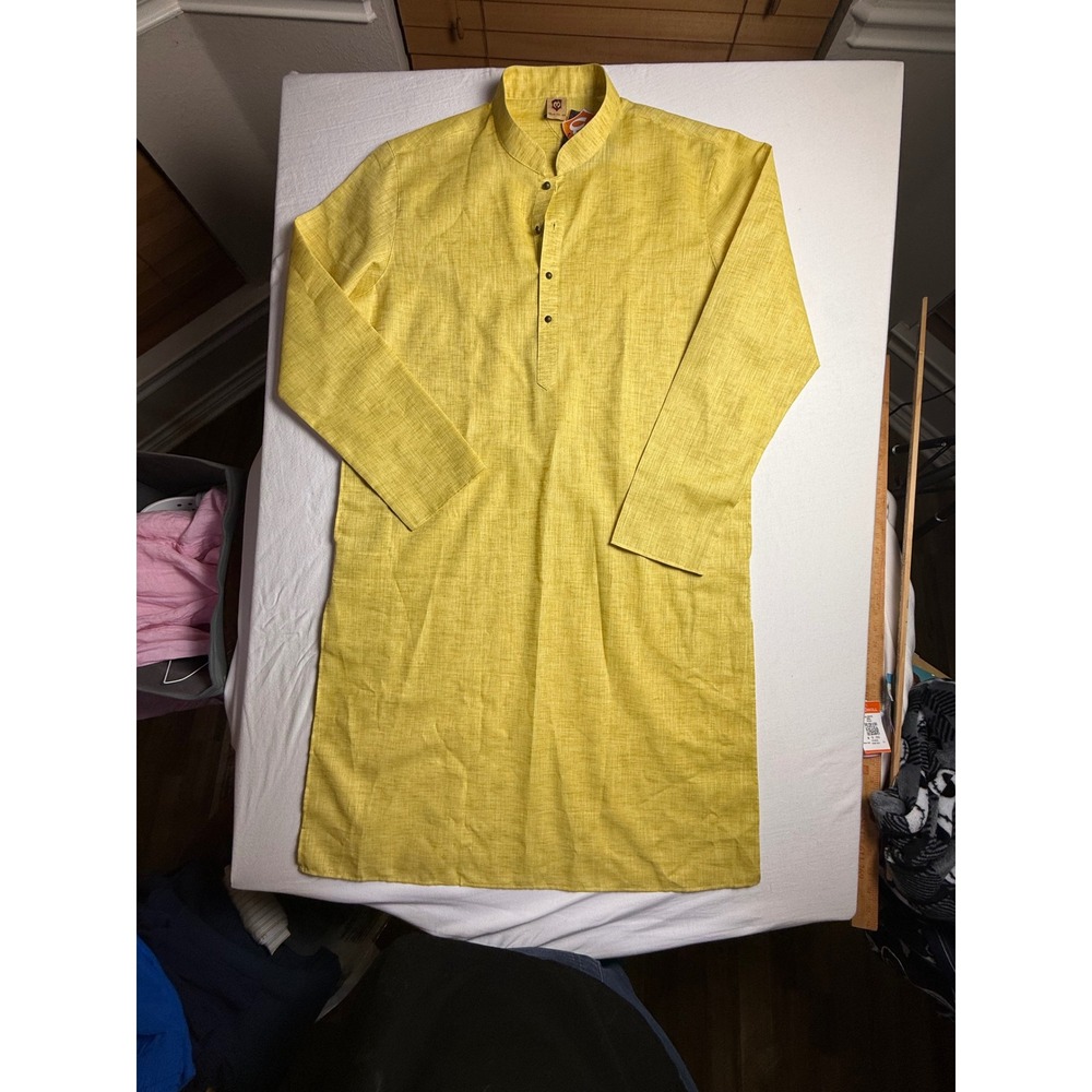 Manyavar Mens Yellow Kurta Tunic Mandarin Collar Long Sleeve XXL NEW-2518